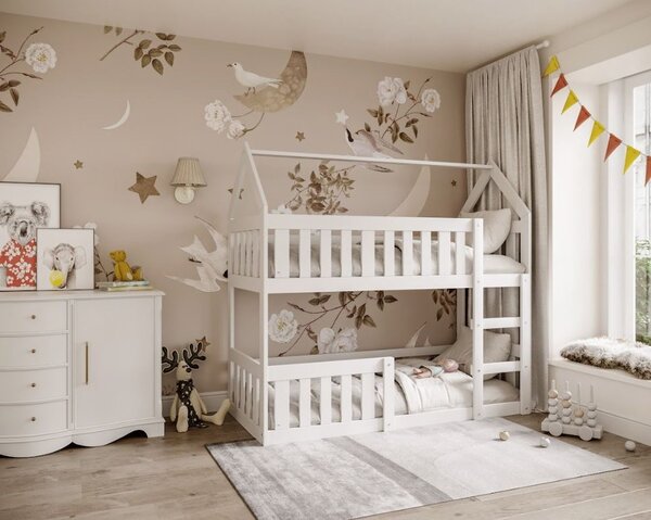 MAXMAX Detská poschodová domčeková posteľ z masívu borovice MINI s Montessori lôžkom - 160x80 cm - biela