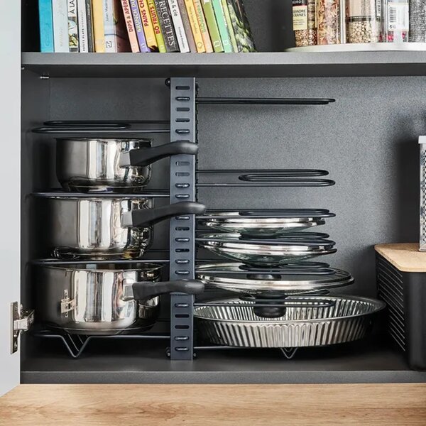 Goodhome Organizér na pokrievky a panvice, čierny, 11 flexibilných priehradiek, nastaviteľná šírka 28 - 57 cm MERLIN