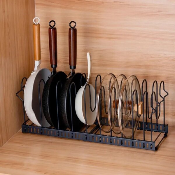 Goodhome Organizér na pokrievky a panvice, čierny, 11 flexibilných priehradiek, nastaviteľná šírka 28 - 57 cm MERLIN