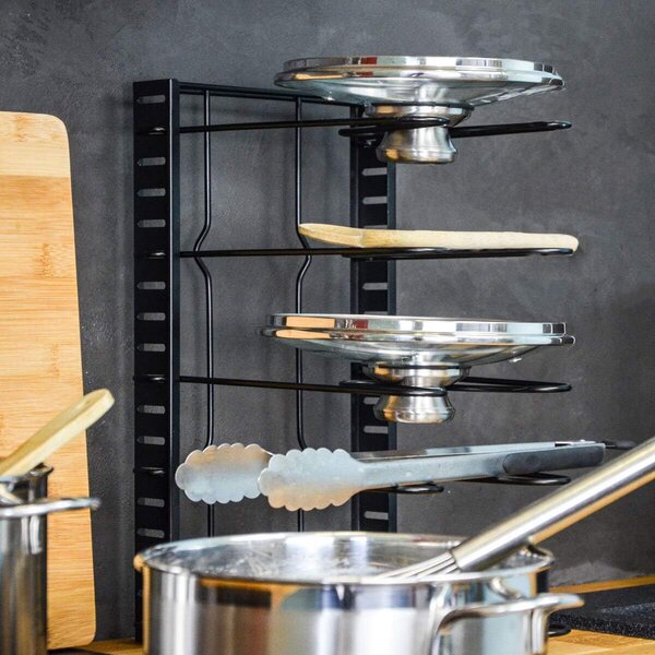 Goodhome Organizér na pokrievky a panvice, čierny, 11 flexibilných priehradiek, nastaviteľná šírka 28 - 57 cm MERLIN