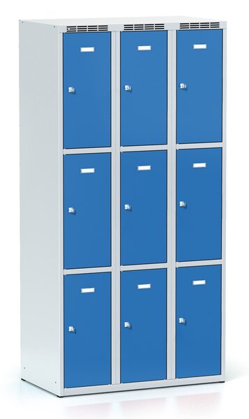 Šatníková skrinka S6 s úložnými boxami, 9 boxov, 1800 x 900 x 500 mm, cylindrický zámok, modré dvere