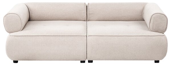 3-miestna pohovka béžová buklé čalúnenie zaoblené podrúčky dekoratívne prešívanie moderný mid-century štýl obývacia izba