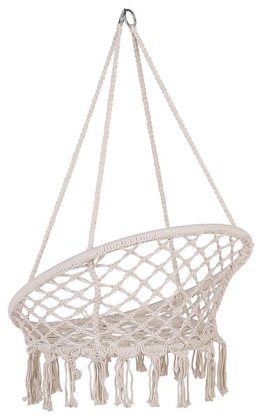 Závesné kreslo biele bavlnené makramé hojdacia stolička so strapcami boho dizajn