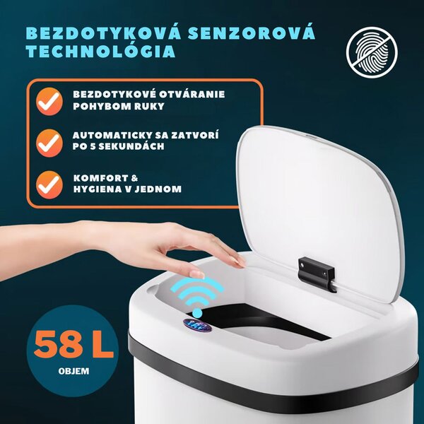 Senzorový odpadkový kôš DEUS, 58 litrov, biela Jurhan