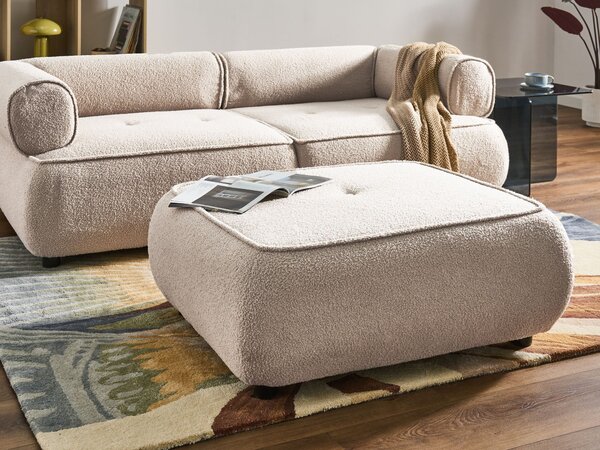 Taburet béžový buklé čalúnenie štvorcový tvar dekoratívne prešívanie moderný mid-century štýl obývacia izba