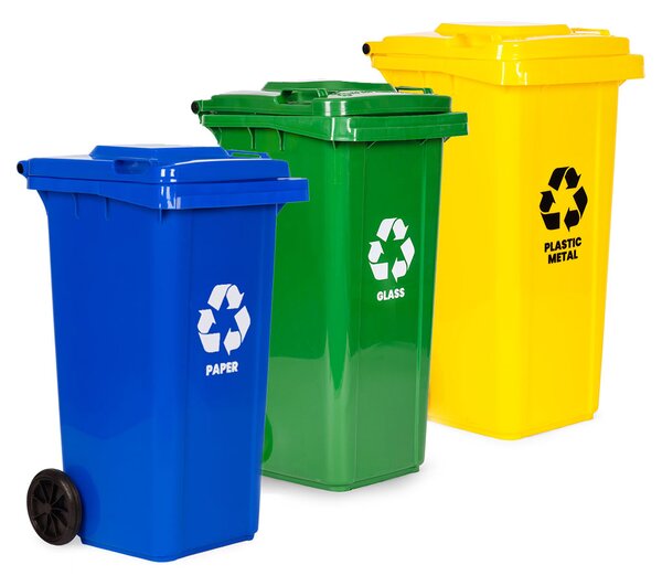 MULTISTORE Sada 3 odpadkových košov 3x120L modrá zelená žltá odpad papier sklo plast gumové kolieska