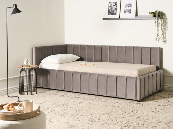Posteľ sivobéžová zamatová čalúnený rám postele 90 x 200 cm drevený lamelový rošt drevené nohy