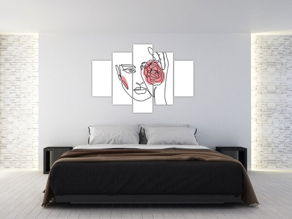 Obraz - Line art tvár s ružou (150x105 cm)