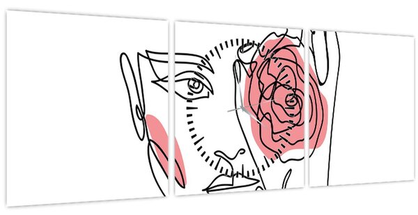 Obraz - Line art tvár s ružou (s hodinami) (90x30 cm)