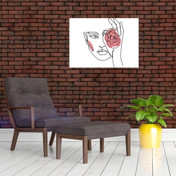 Obraz - Line art tvár s ružou (70x50 cm)