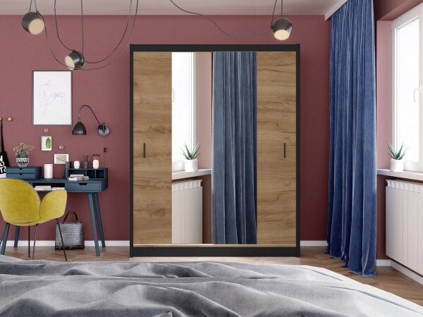 Šatní skriňa MIRO 203x215 cm dub craft s zrkadlom čierna