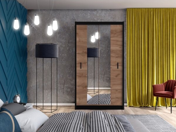 Šatní skriňa MIRO 120x215 cm dub craft s zrkadlom čierna