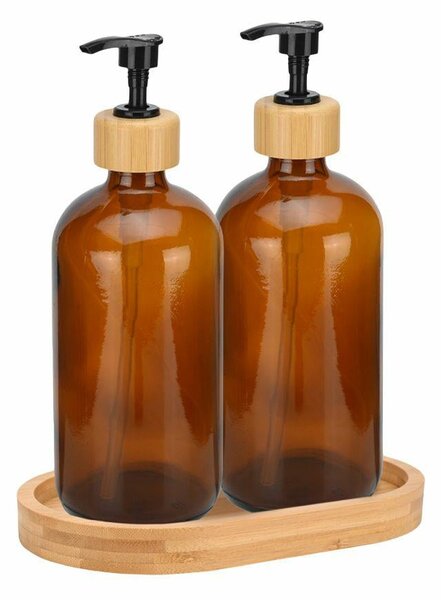 Dávkovač saponátu a mydla Dallas, hnedá/s čiernymi a drevenými prvkami, 500 ml, sada 2ks