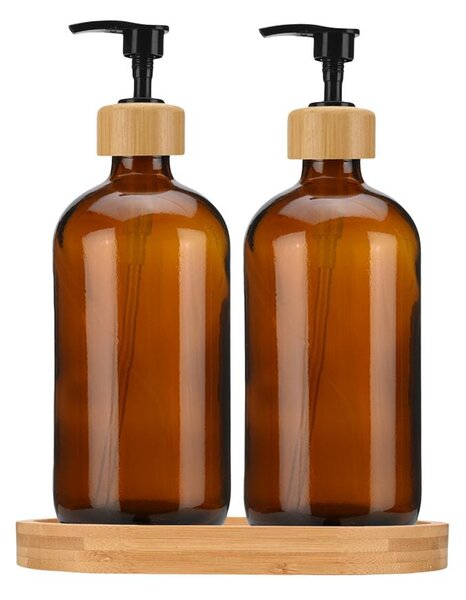 Dávkovač saponátu a mydla Dallas, hnedá/s čiernymi a drevenými prvkami, 500 ml, sada 2ks