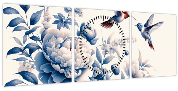 Obraz - Kolibríky nad kvetinou (s hodinami) (90x30 cm)
