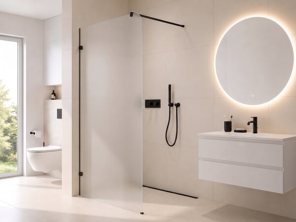 CERANO - Sprchová zástena Walk-in Orbis Round - Ľavá - 8 mm - guľatá vzpera - čierna matná, mliečne sklo - 110x200 cm