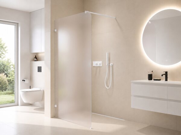 CERANO - Sprchová zástena Walk-in Orbis Round - Ľavá - 8 mm - guľatá vzpera - biela matná, mliečne sklo - 110x200 cm