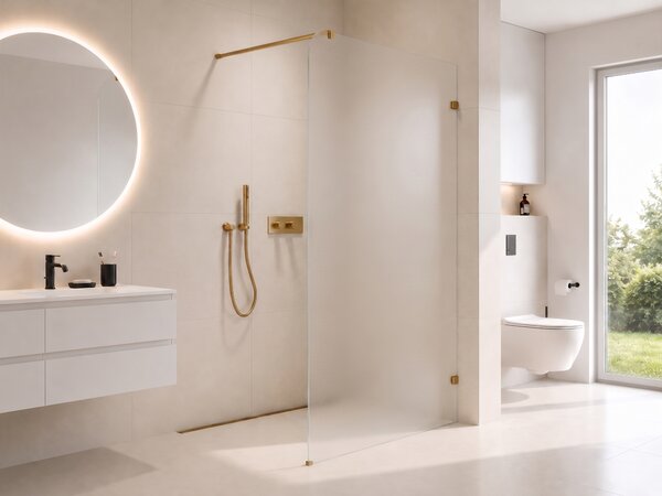CERANO - Sprchová zástena Walk-in Orbis Round - Pravá - 8 mm - guľatá vzpera - zlatá kartáčovaná, mliečne sklo - 110x200 cm