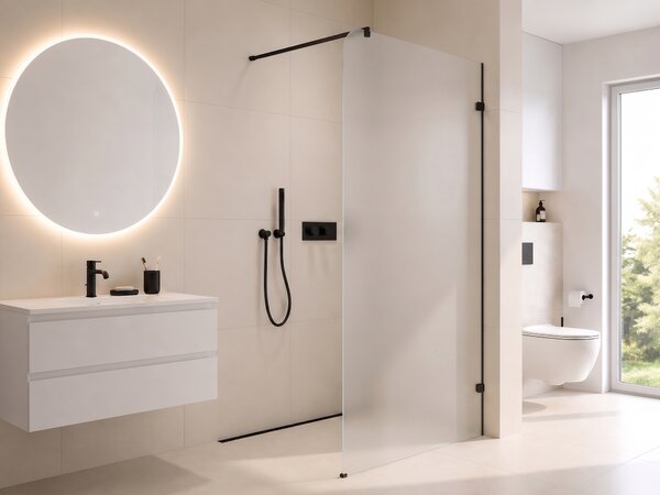 CERANO - Sprchová zástena Walk-in Orbis Round - Pravá - 8 mm - guľatá vzpera - čierna matná, mliečne sklo - 110x200 cm