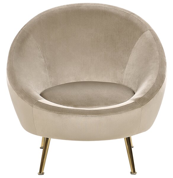 Kreslo sivobéžové zamatové čalúnenie zlaté kovové nohy klubové kreslo glamour retro dizajn