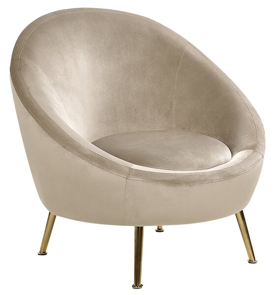 Kreslo sivobéžové zamatové čalúnenie zlaté kovové nohy klubové kreslo glamour retro dizajn