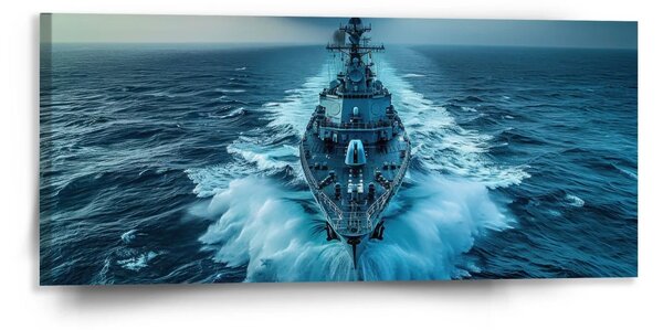 Sablio Obraz Vojnová loď prerážajúca oceán - 110x50 cm