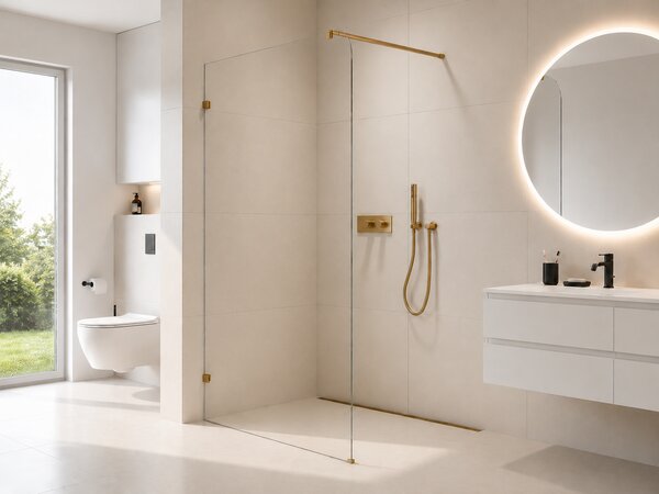 CERANO - Sprchová zástena Walk-in Orbis Round Ľ/P - 8 mm - guľatá vzpera - zlatá kartáčovaná, transparentné sklo - 110x200 cm