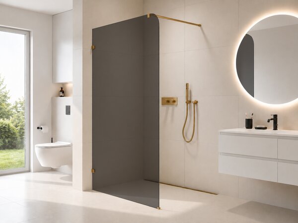 CERANO - Sprchová zástena Walk-in Orbis Round Ľ/P - 8 mm - guľatá vzpera - zlatá kartáčovaná, grafitové sklo - 110x200 cm