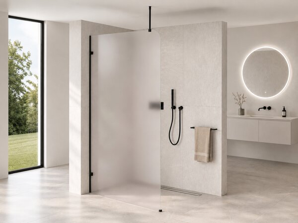 CERANO - Sprchová zástena Walk-in Orbis Top Round - Ľavá - 8 mm - guľatá vzpera - čierna matná, mliečne sklo - 110x200 cm