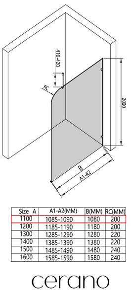 CERANO - Sprchová zástena Walk-in Orbis Top Round - Pravá - 8 mm - guľatá vzpera - čierna matná, mliečne sklo - 110x200 cm