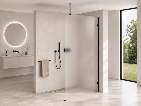 CERANO - Sprchová zástena Walk-in Orbis Top Round - Pravá - 8 mm - guľatá vzpera - čierna matná, mliečne sklo - 110x200 cm