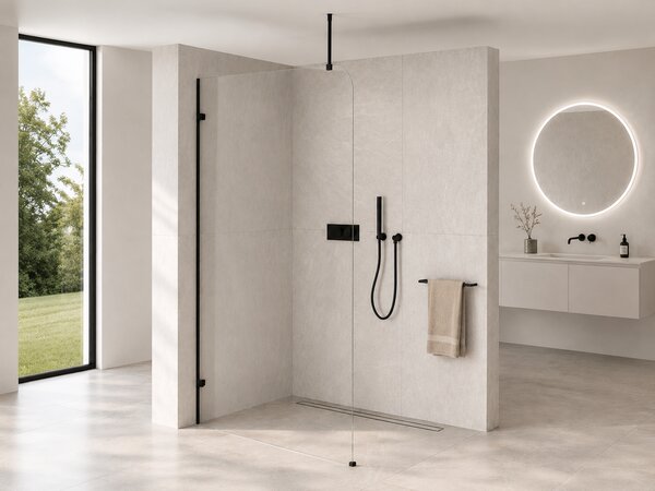 CERANO - Sprchová zástena Walk-in Orbis Top Round Ľ/P - 8 mm - guľatá vzpera - čierna matná, transparentné sklo - 110x200 cm