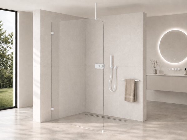 CERANO - Sprchová zástena Walk-in Orbis Top Round Ľ/P - 8 mm - guľatá vzpera - biela matná, transparentné sklo - 110x200 cm