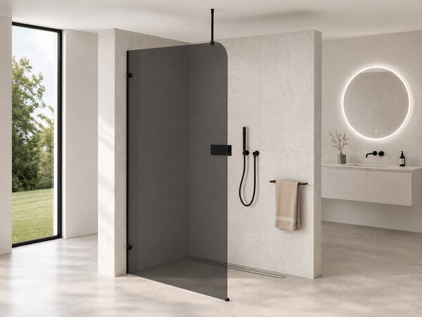 CERANO - Sprchová zástena Walk-in Orbis Top Round Ľ/P - 8 mm - okrúhla vzpera - čierna matná, grafitové sklo - 110x200 cm