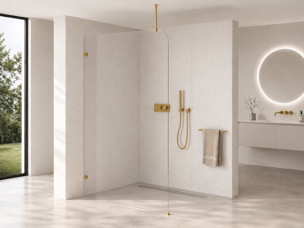 CERANO - Sprchová zástena Walk-in Orbis Top Round Ľ/P - 8 mm - guľatá vzpera - zlatá kartáčovaná, transparentné sklo - 110x200 cm