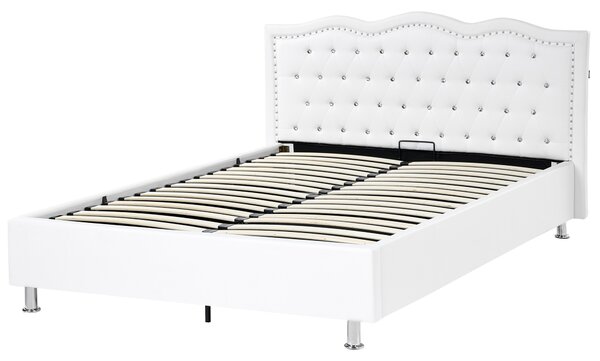 Posteľ biela umelá koža 140 x 200 cm s úložným priestorom prešívané čelo s gombíkmi moderný glamour štýl spálňa