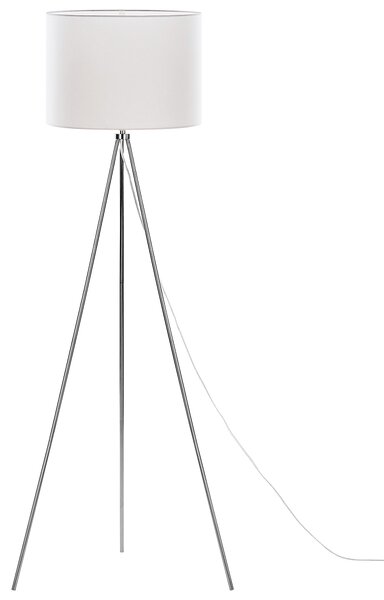 Stojacia lampa strieborná kovová 148 cm statívový stojan biele látkové bubnové tienidlo