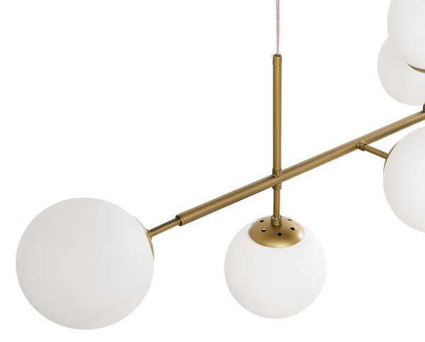 Závesná lampa zlatá kovová so 6 sklenenými tienidlami guľatý tvar glamour štýl kuchyňa jedáleň