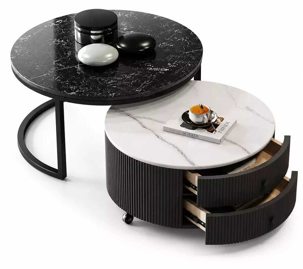 LuxuryForm DESIGN Konferenčný stolík ROYAL 80 / 60 cm – čierno-biely mramorový dekor (set 2 ks)