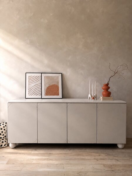 Kozmetická komoda Sonatia II 200 cm so štyrmi dverami - kasmír / guľové nohy