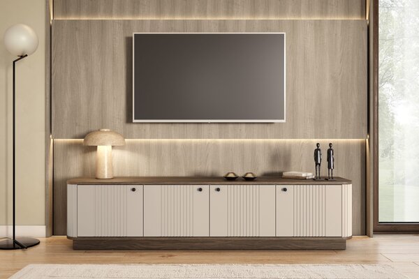 TV skrinka Vespera 4D 187 cm na sokli - kašmírová / orech / čierna