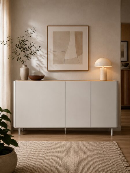 Komoda Elivo 200 cm štvordverová na nožičkách - kašmír / olejovaný dub
