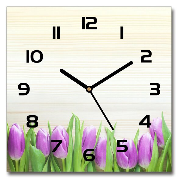 Sklenené hodiny štvorec Fialové tulipány