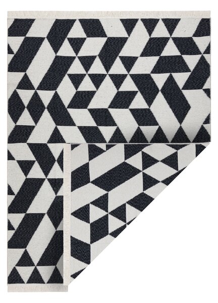 Obojstranný šnúrkový ekologický koberec TWIN 22992 Geometrický vzor, so strapcami, krémovo - čierny