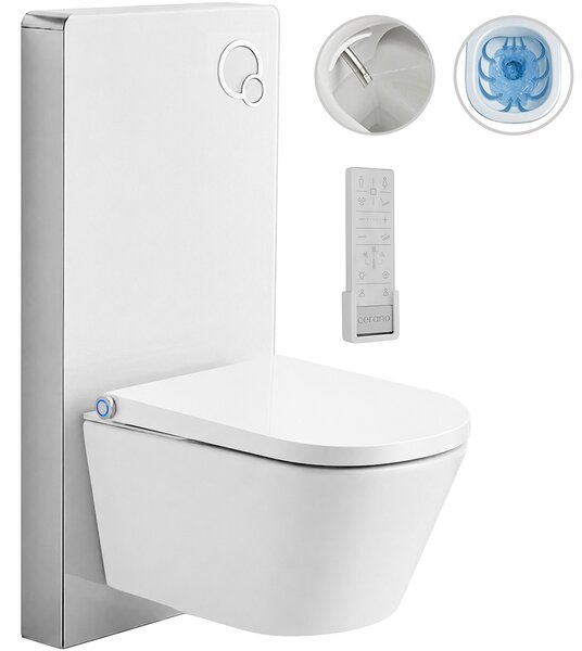 CERANO - Závesné WC s bidetom Modul/Cronus Pro - biela lesklá / biela matná - integrované WC tlačidlo - pneumatický modul - 59,3x38,4 cm
