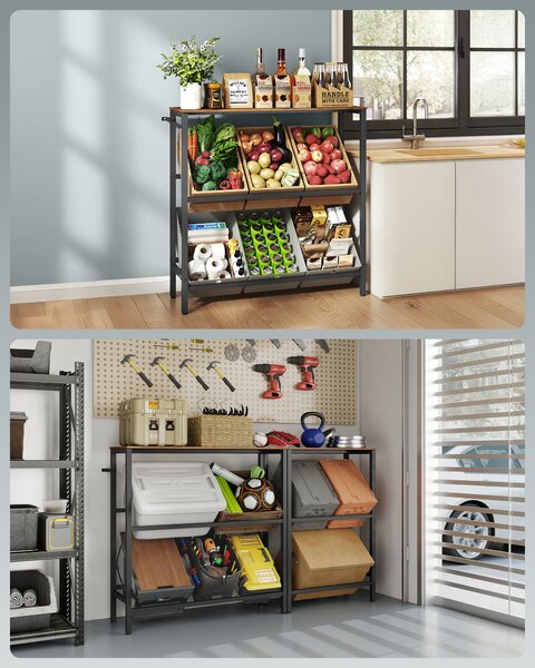 SONGMICS Kovový stojan LIFEWIT pre 6 prepraviek s policou, nosnosť 340 kg 104 x 117 x 40 cm hnedá