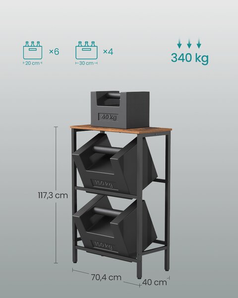 SONGMICS Kovový stojan LIFEWIT pre 4 prepravky s policou, nosnosť 340 kg 70 x 117 x 40 cm hnedá