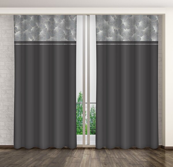 Dlhé čierno-šedé závesy so vzorom listov v elegantnom štýle Hnedá