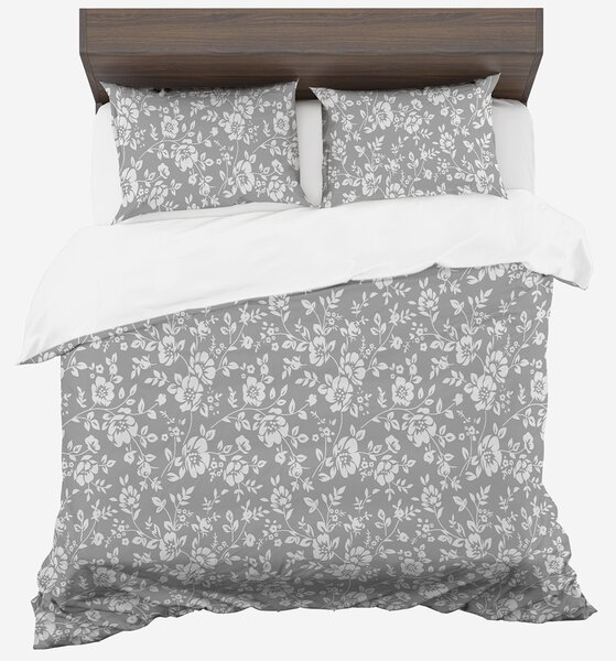 Vintage sivé posteľné obliečky z mikrovlákna motív kvetov 140 x 200 cm + 1ks -70 x 80 cm vankúš