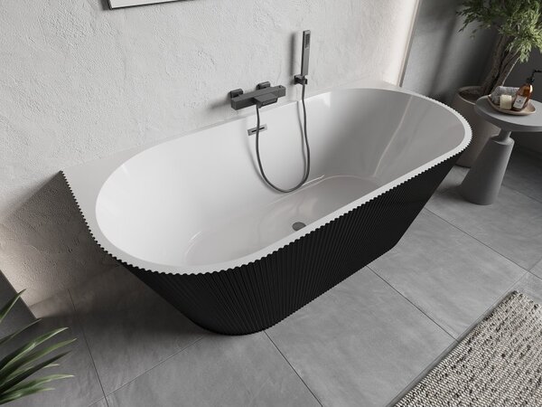 Mexen Oris, voľne stojaca ryhovaná vaňa 150 x 75 cm, biela-čierna, brúsený grafit prepad, 52871507575-66